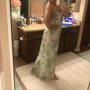 Green and White Strapless Maxi Dress 100% Silk, Underdress 100% Rayon